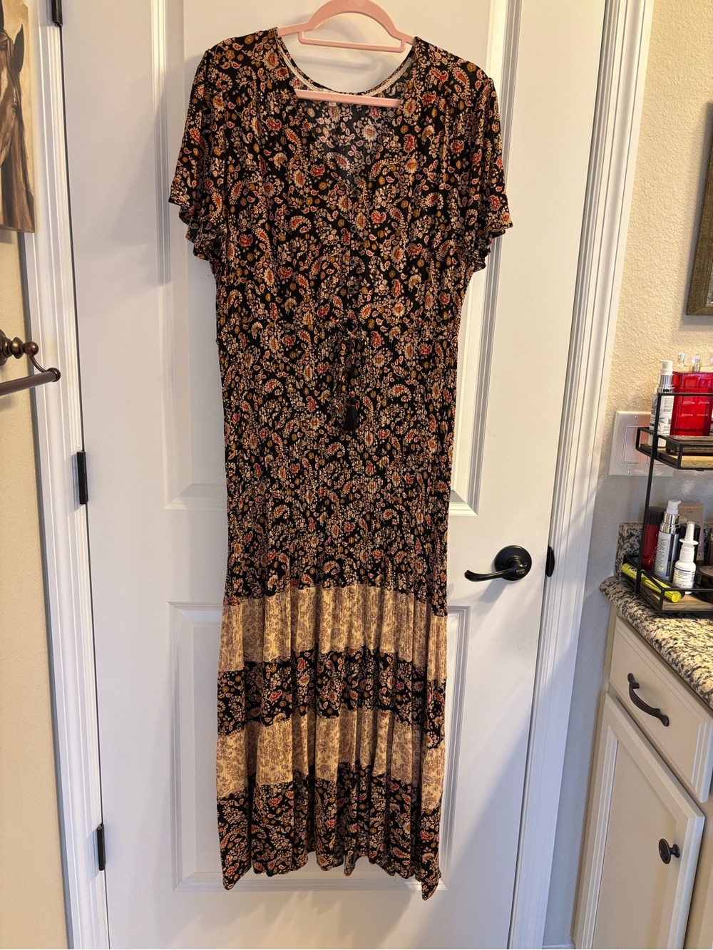 Kate & Sam Boho Flowing Tiered Maxi Dress in Black Ditsy Paisley/Floral Print
